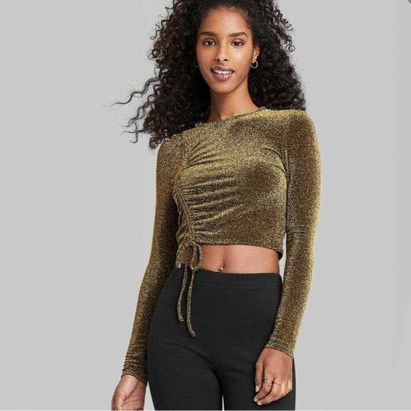 Wild Fable juniors metallic glitter gold and black ruched long sleeve crop top - Picture 1 of 7